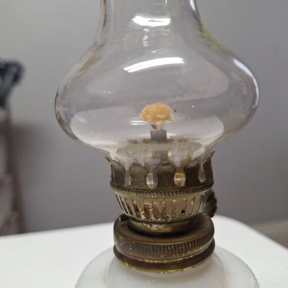 Milk Glass Oil Lamp Small 6.5 Inch Tall Bubble Base Hong Kong Vintage - Picture 3 of 8